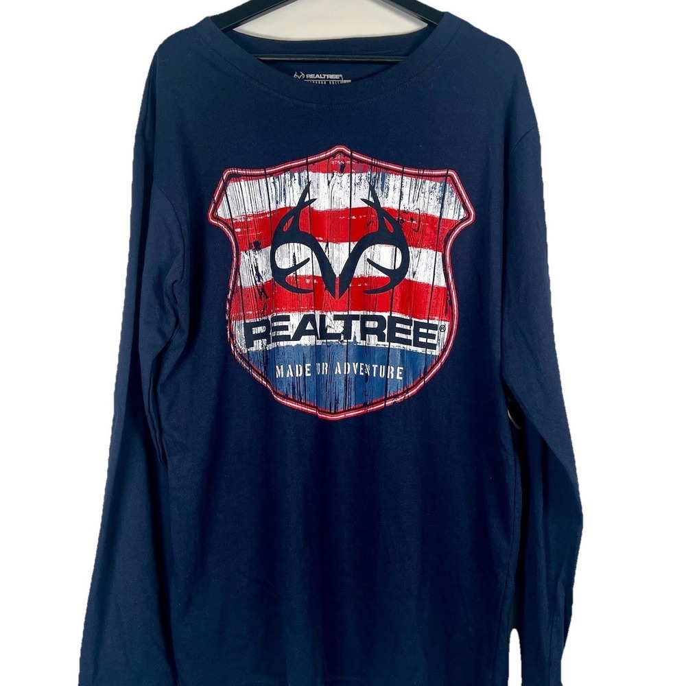 Realtree Mens Navy Blue Long Sleeve Graphic T-Shirt Large American Flag Shield